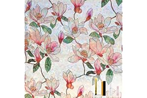Kromapolis Window Privacy Film, Stained Glass Sticker Floral Window Clings, Decorative Static Clings UV Blocking Colorful Decals, Removable Vinyl Covering Rainbow Magnolia Flowers, 17.5'' x 78.7''