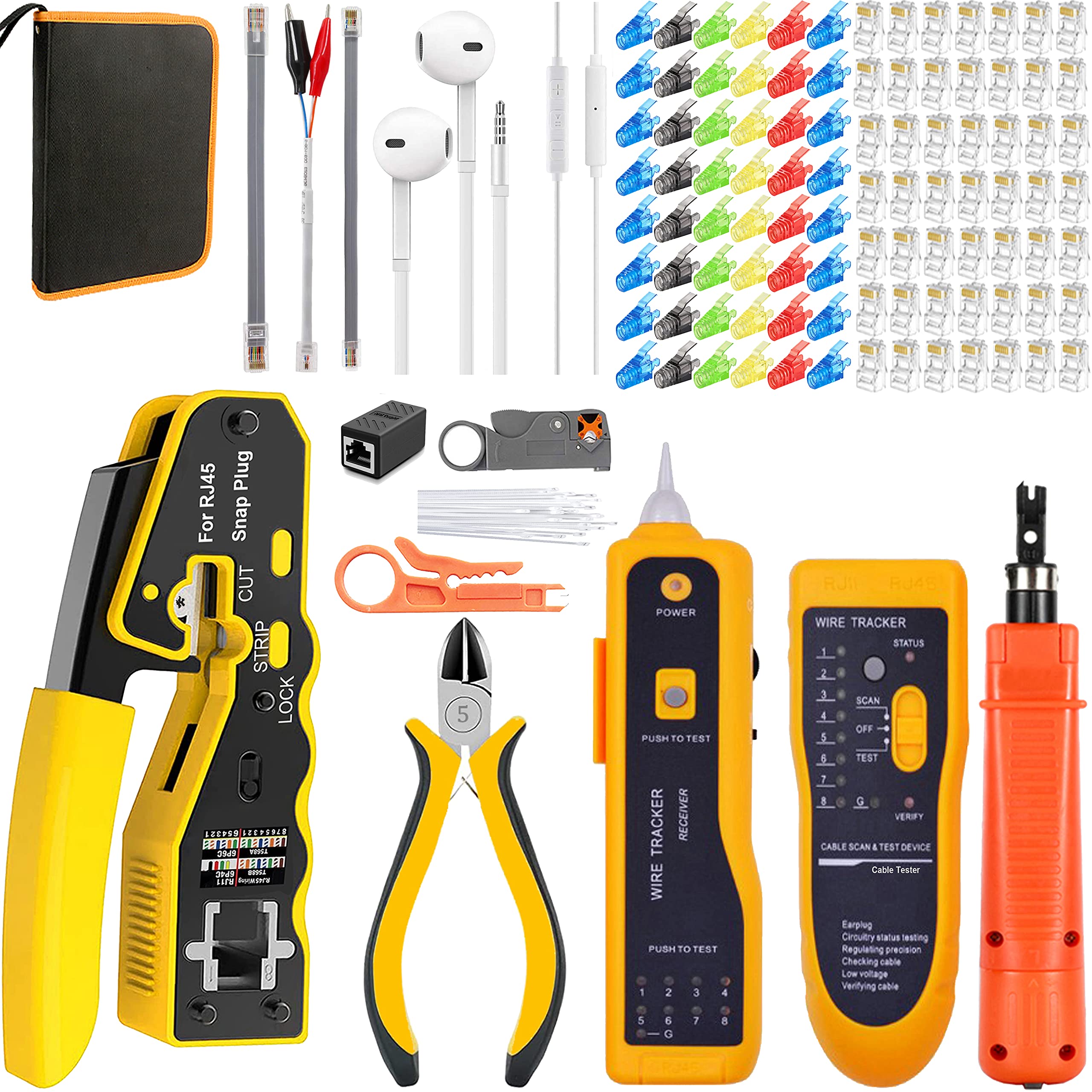 MAYLINE CAT5 CAT6 Computer Lan Cable Tester RJ45 Crimp Tool kit, Network Crimper Crimping Ethernet Wire Stripping Repair Kit Crimp Punch Down 50PCS Connector (ORANGE)