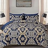 WONGS BEDDING Blue Gold Comforter Set King Size, Damask Texture 7 Pieces Bed in a Bag Microfiber Comforter Bedding Sets -1 Comforter, 1 Flat Sheet, 1 Fitted Sheet, 2 Pillow Shams, 2 Pillowcases