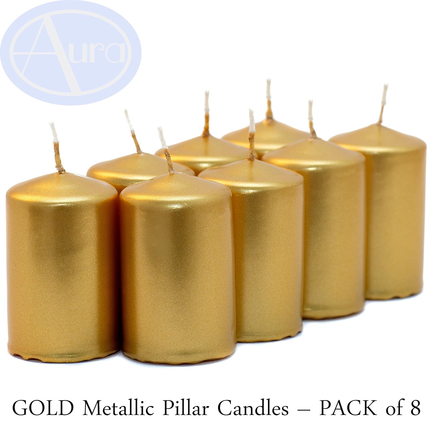 Aura GOLD Metallic Pillar Candles (40mm x 60mm) PACK of 8 Amazon.co