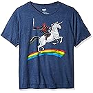 Marvel Men's Deadpool Riding a Unicorn On a Rainbow T-Shirt, Denim Heather, 2XL
