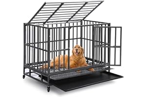 Dephet Heavy Duty Indestructible Dog Crates for Large Dogs - 38 inch Folding Dog Kennel Extra Large Cage Crate, High Anxiety Dogs Crate Indoor with Lockable Wheel, Double Door, Removable Tray, XL XXL