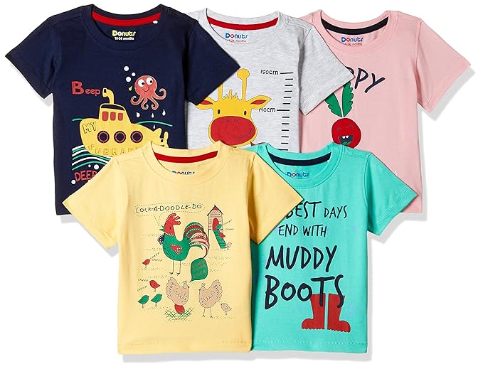 Baby Boys Plain Regular Fit T-Shirt (Pack of 5)(Colors & Print May Vary)