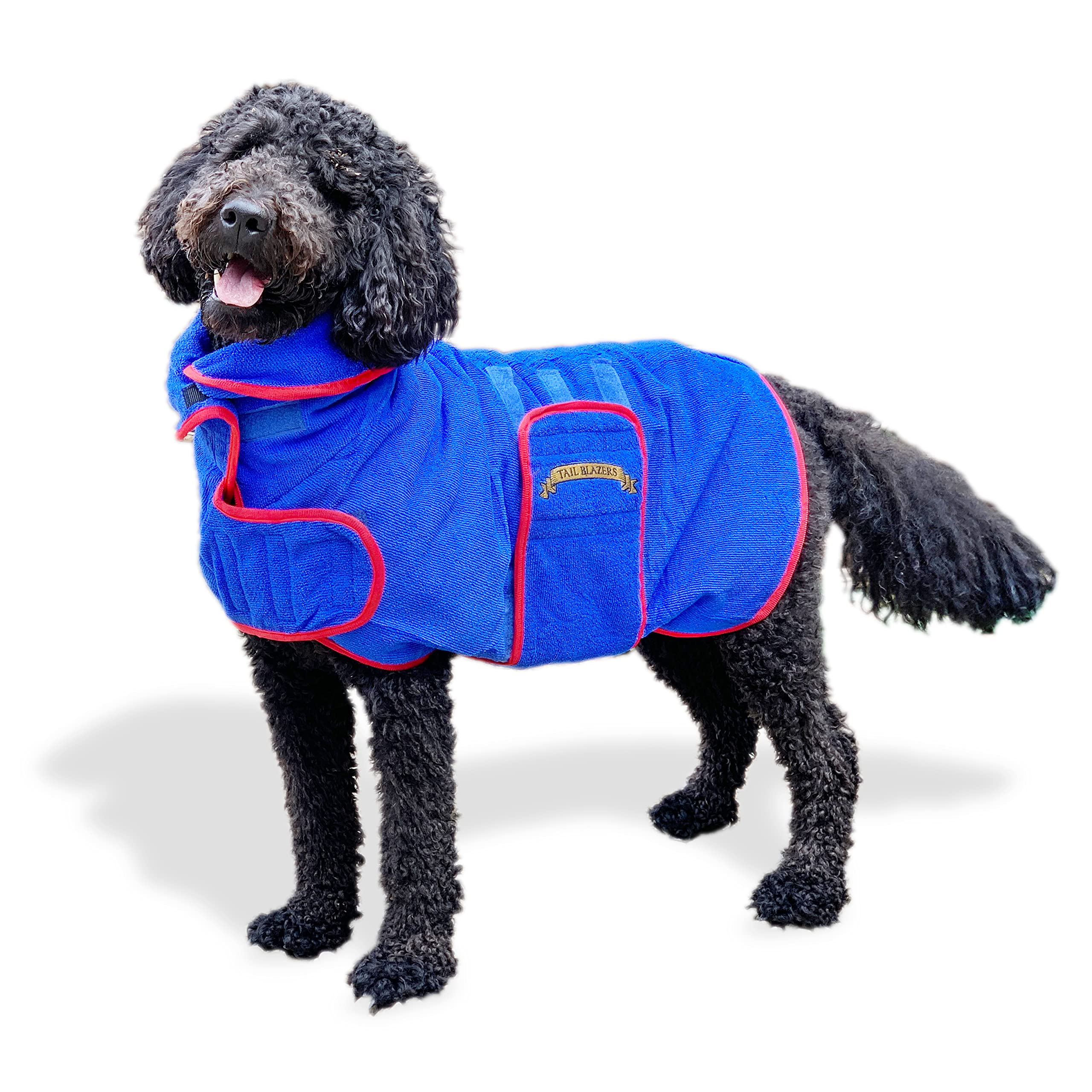 TAIL BLAZERS™ Super Absorbent Dog Drying Coat. Double Layer Microfibre Dry Robe, Towel Robe Pet Dryer Keep It Dry and Warm. Dogs Camping and Beach Accessories. Machine Washable. XXL Blue