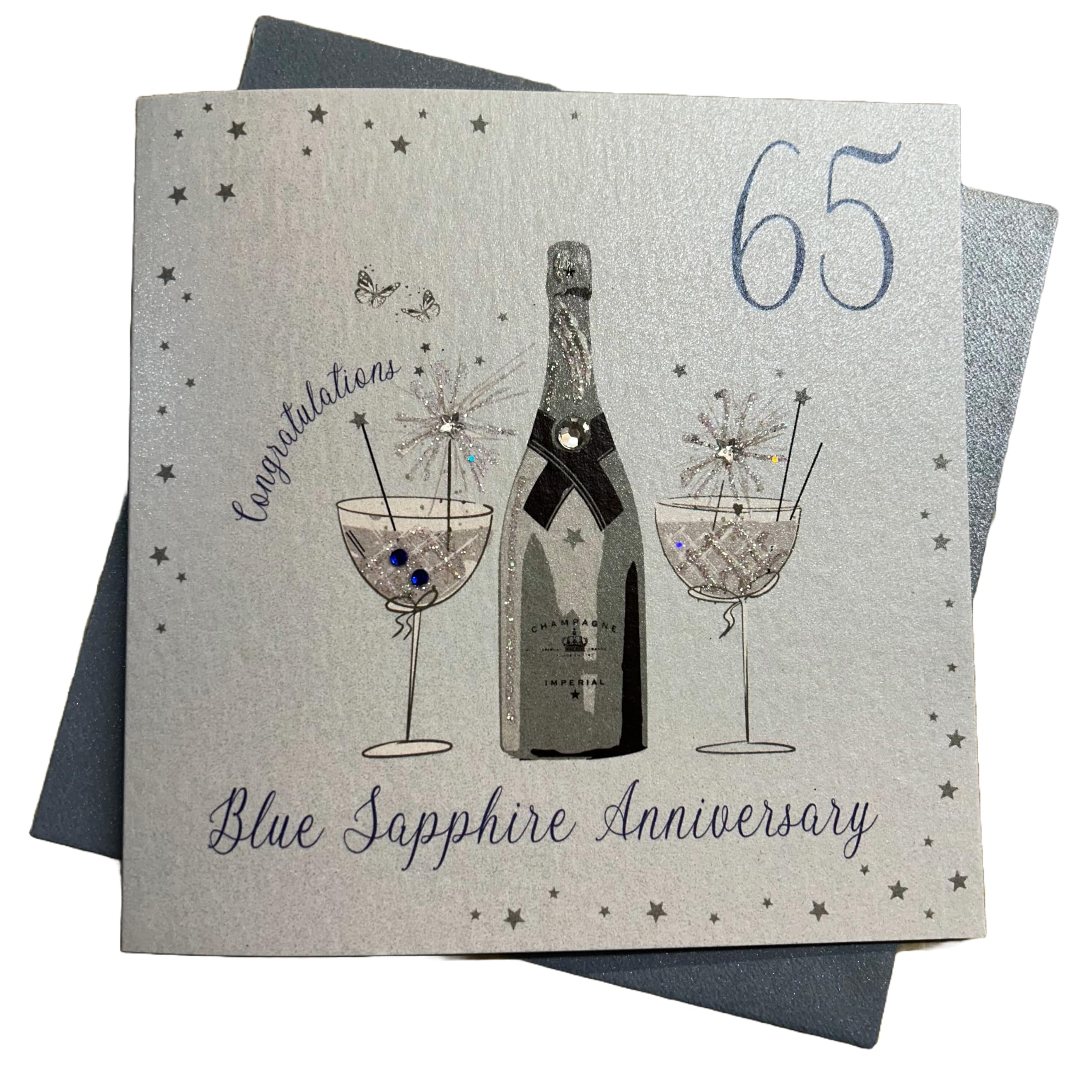White Cotton Cards BD165C "Coupe Glass, Blue Sapphire 65 Years Happy Anniversary" Handmade 65th Anniversary Card, 16cm x 16xm