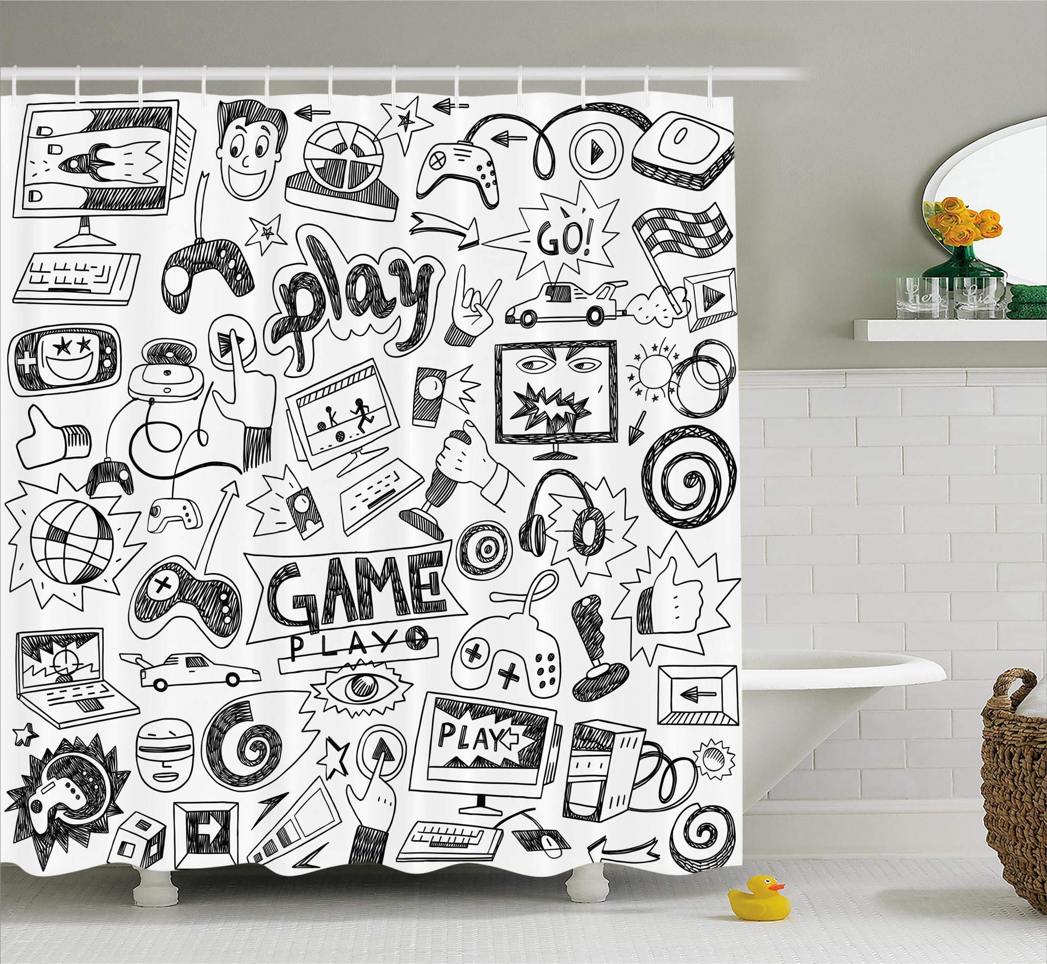 Ambesonne Video Games Shower Curtain Set Black And White Sketch