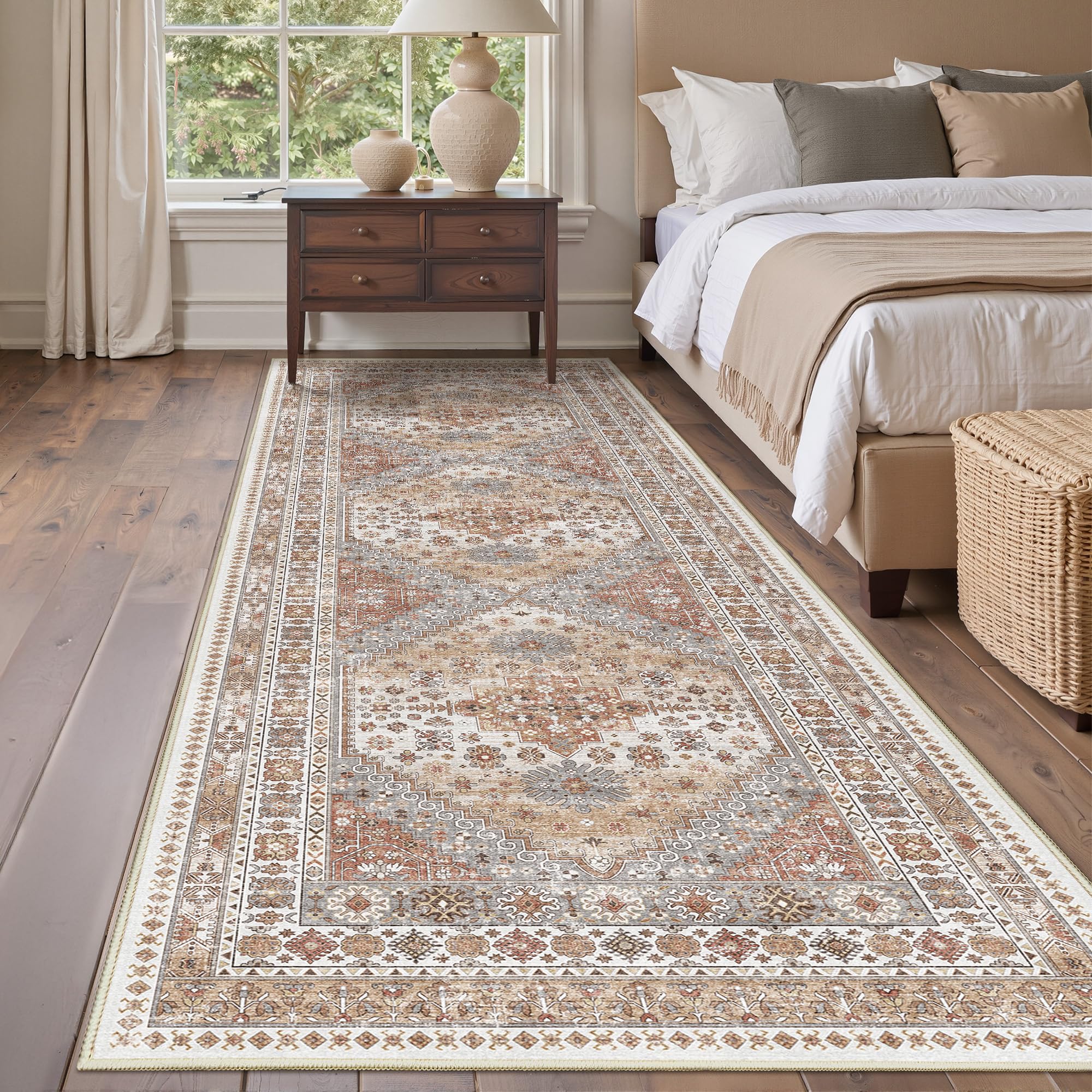 Restydon 3x10 Runner Rug Non Slip Washable for Entryway, Front Porch, Vintage Hallway Runner for Laundry Room, Bedroom, Stain Resistant Thin Indoor Kitchen Mats for Floor(Orange,3'x10') Image