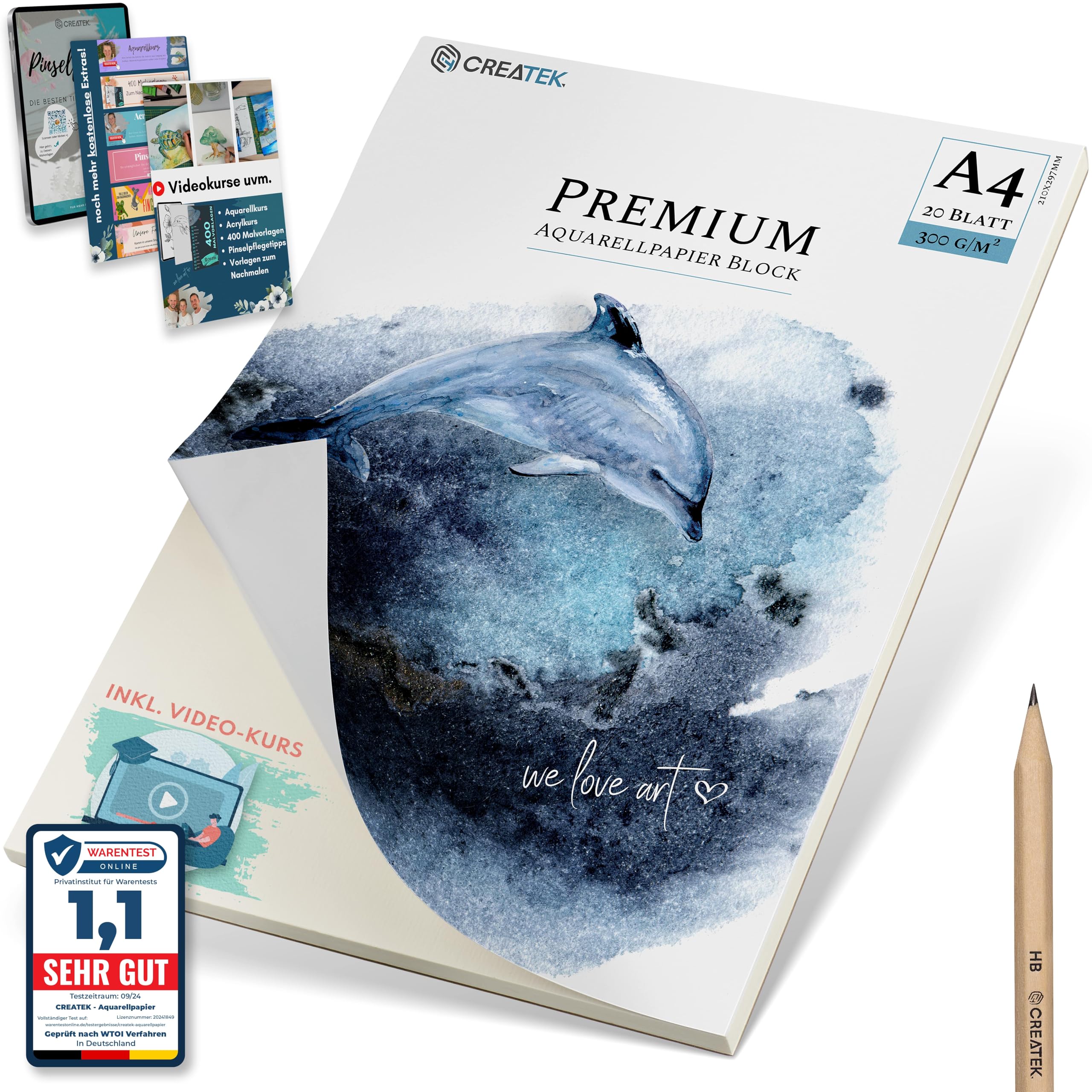 CreaTek Watercolour Paper A4 300gsm [4-Side Glued] 20 Sheets Cold Pressed Pad + Pencil + 400 Colouring Pages | Acid Free, No Preparation Needed