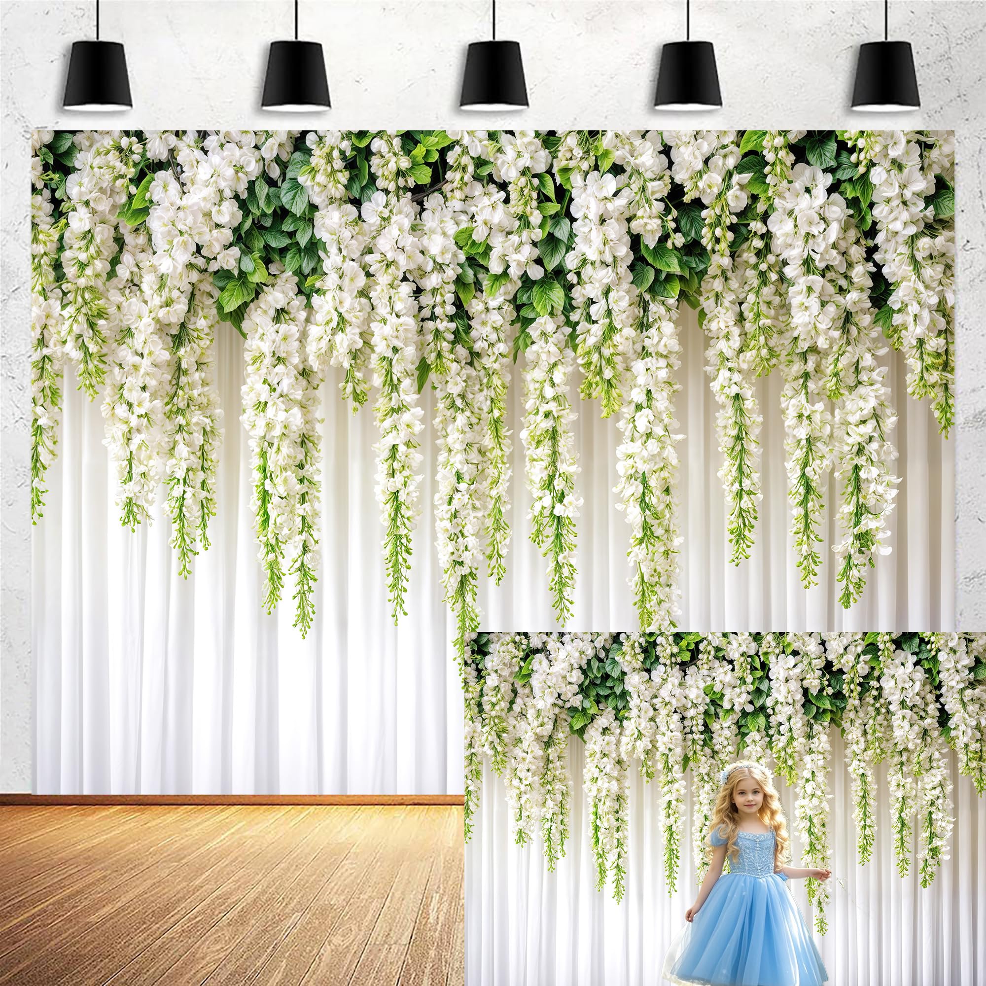 Photo 1 of 10x8ft Floral Flowers Backdrop White Spring Photography Background for Women Wedding Birthday Party Wall Decor - HD Photo Studio Backdrops with Botanical Pattern Cake Table Decoration