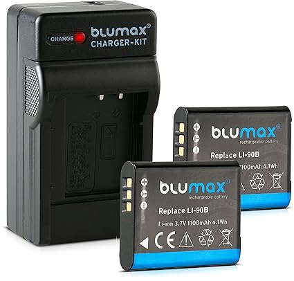 Blumax 2X Akku für Olympus Li-90b / Li-92b 1100mAh + Ladegerät| passend zu Olympus XZ-2 Tough TG-1 TG-2 TG-3 TG-4 TG-5 SH-50 
