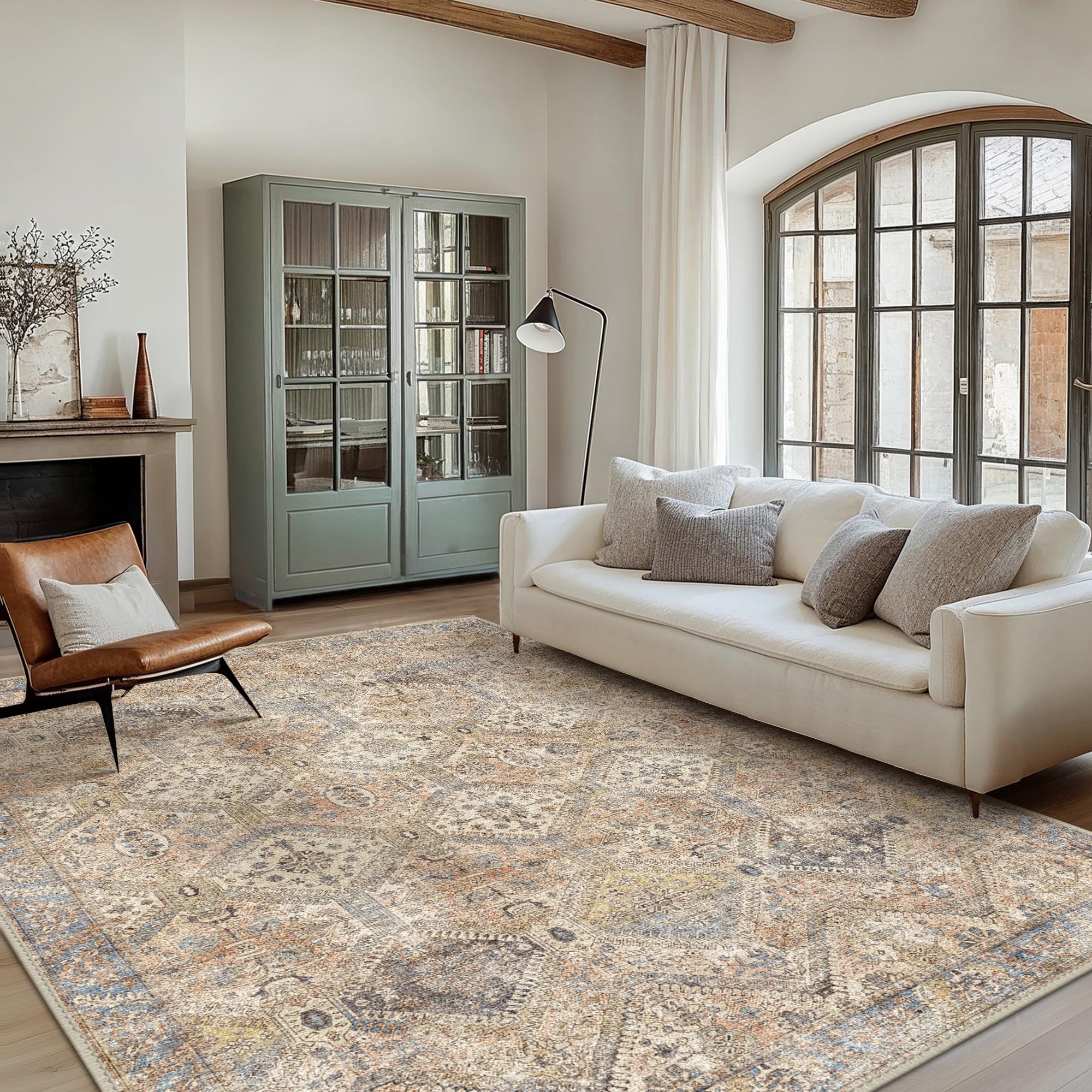 Bavni 8x10 Area Rugs for Living Room, Machine Washable Rug Non Slip, Vintage Chenille Distressed Print Carpet, Large Low Pile Ultra-Thin Lightweight Rugs for Bedroom, Dining Room, Office, Wood Brown Image