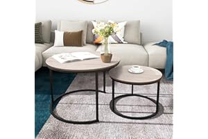 HOMERECOMMEND Round Coffee Tables Nesting Side Set of 2 End Tables for Living Room,Round Table with Solid Powder-Coated Metal Frame Natural Wood Color/Black