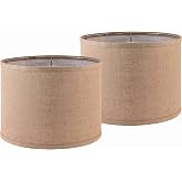 PAPAYA Lampshade Set of 2 Drum Fabric Shades for Table and Floor Lamps, 13" Top x 13" Bottom x 10" High Brown Spider Lamp Shade,Natural Burlap Linen Handmade