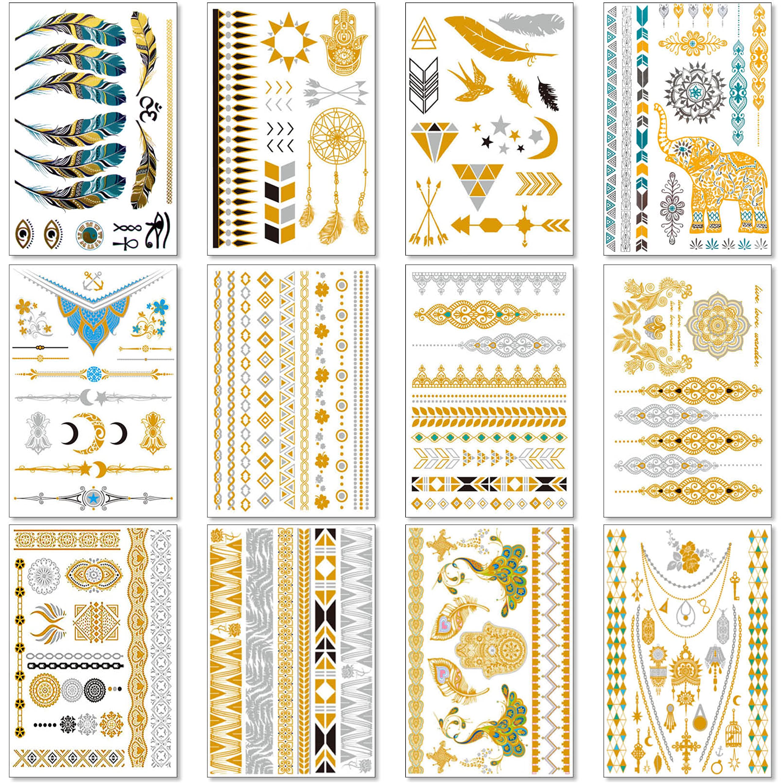 Metallic Temporary Transfer Tattoos for Women Teens Girls - 12 Sheets Gold Silver Temporary Tattoos Glitter Tattoo Designs Jewellery Tattoos - 150+ Colour Flash Fake Waterproof Tattoo Stickers, Bequia