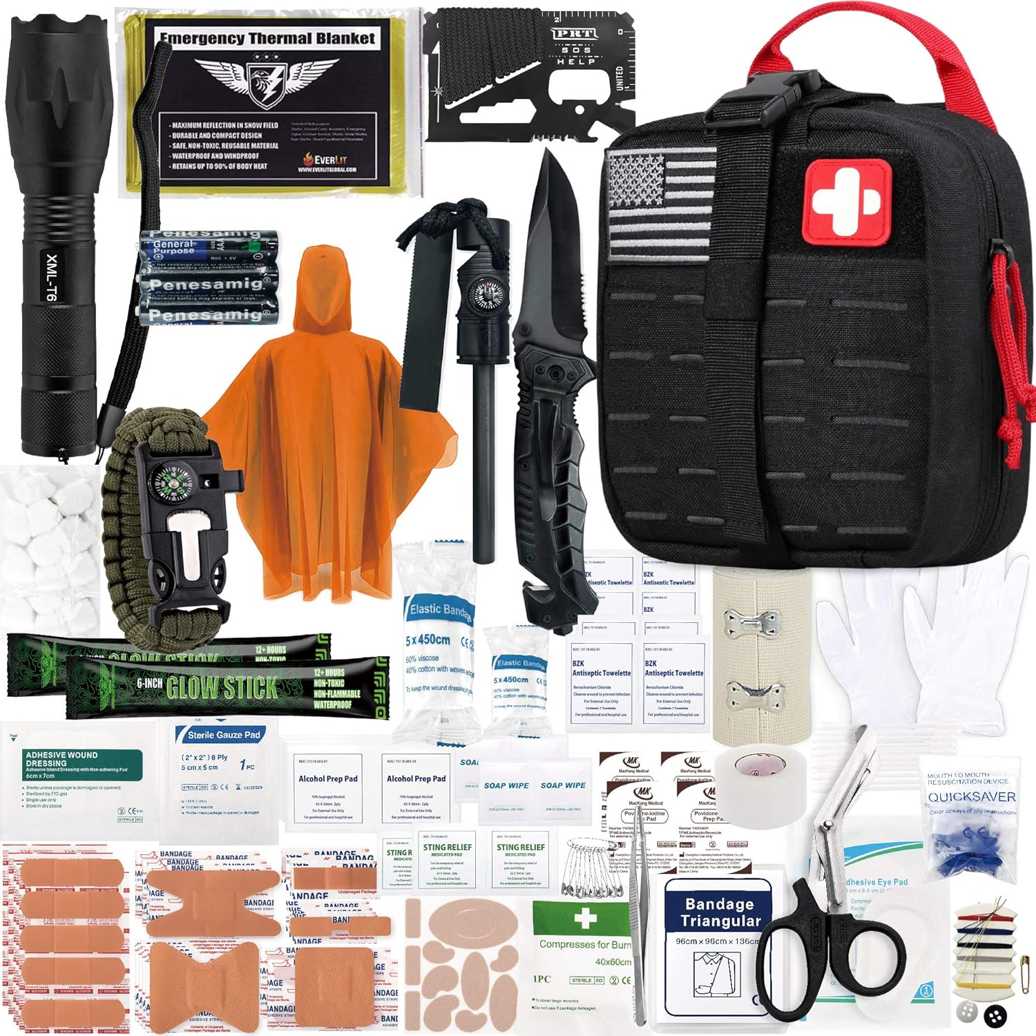 Everlit Survival Upgraded Survival First Aid Kit Emergency Gear Trauma Kit with 1000D Nylon Laser Cut Tactical EMT Pouch for Outdoor, Camping, Hunting, Hiking, Earthquake, Home, Office (Black): Health & Personal Care