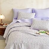 Wake In Cloud - Floral Quilt Set, Cute Vintage Flower Cottagecore Shabby Chic for Women Teen Girls, Reversible Lightweight Bedspread Coverlet, 3 Pieces, Lilac, Queen/Full Size