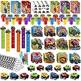 BenLouis 96Pcs Monster Truck Party Favors Truck Car Birthday Stampers Stickers School Stationery Set Bulk for Kids wheels party Race Car Themed Party Goodie Bag Stuffers Pinata Filler Supplies