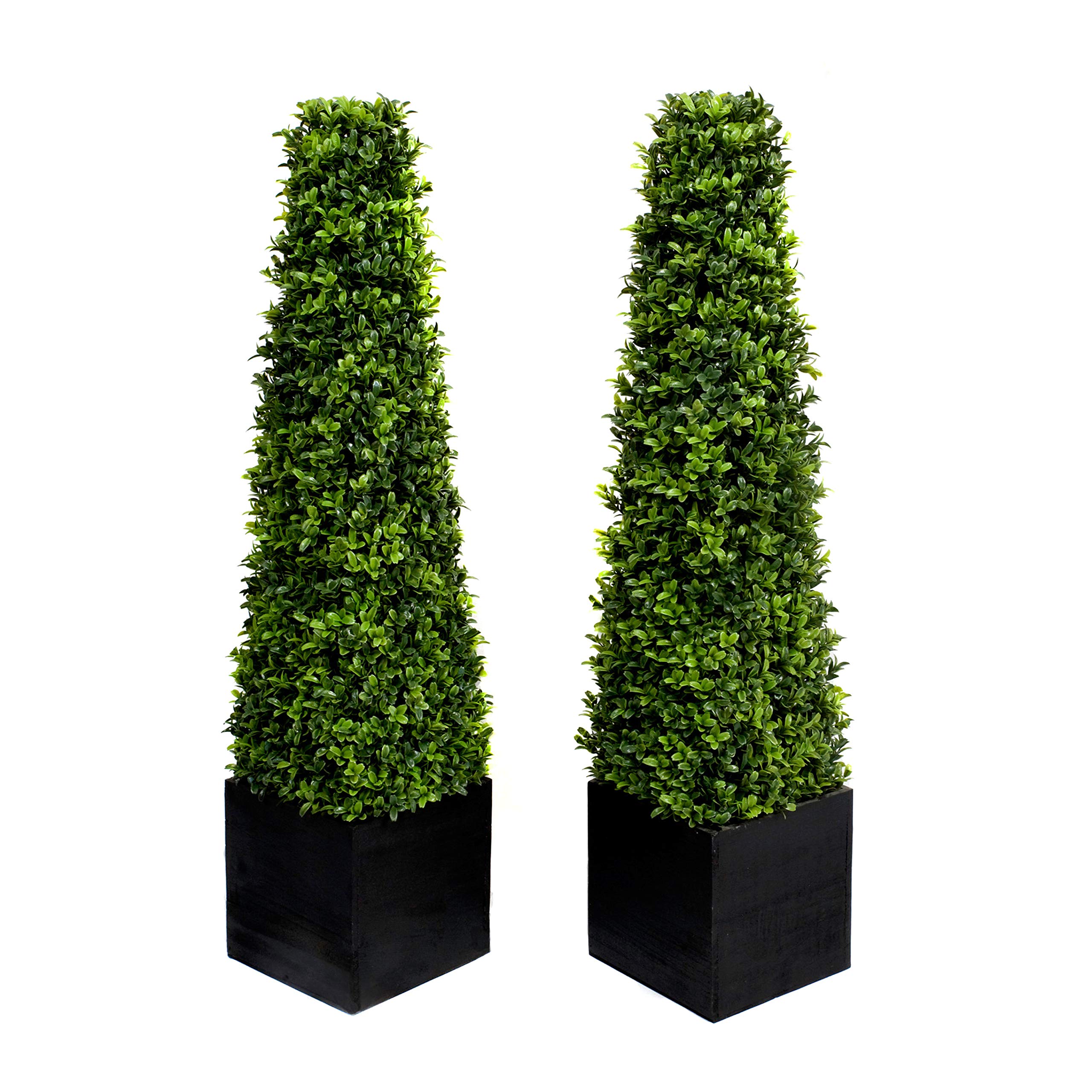 2x Artificial Boxwood Pyramid Trees in Black Square Planters | Lifelike | Maintenance-Free | Perfect for Entrances, Doorways & Outdoor Decor | (3ft/90cm) — image 1