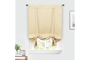 DriftAway Faux Linen Textured Solid Color Blackout Tie Up Curtain for Kitchen Decorative Adjustable Balloon Rod Pocket Window Linen Curtains for Small Window 31 Inch by 47 Inch Beige