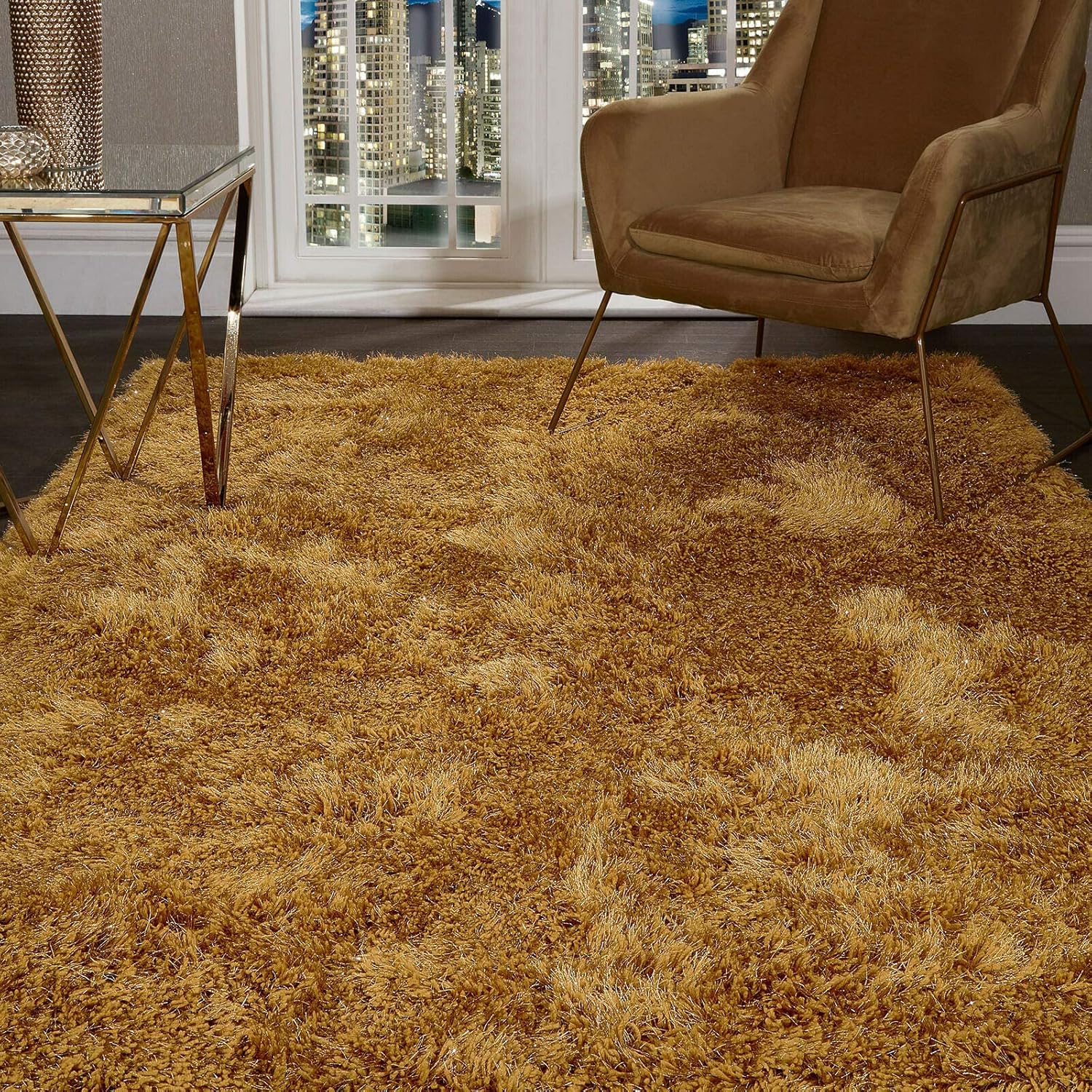 Shaggy Rug Super Plush Extra Large Rugs Living Room With Shimmering Sparkle Glitter Strands Fluffy 55mm Thick Pile Height Modern Area Rugs Ochre Mustard Yellow 80cm X 150cm 3ft X 5ft