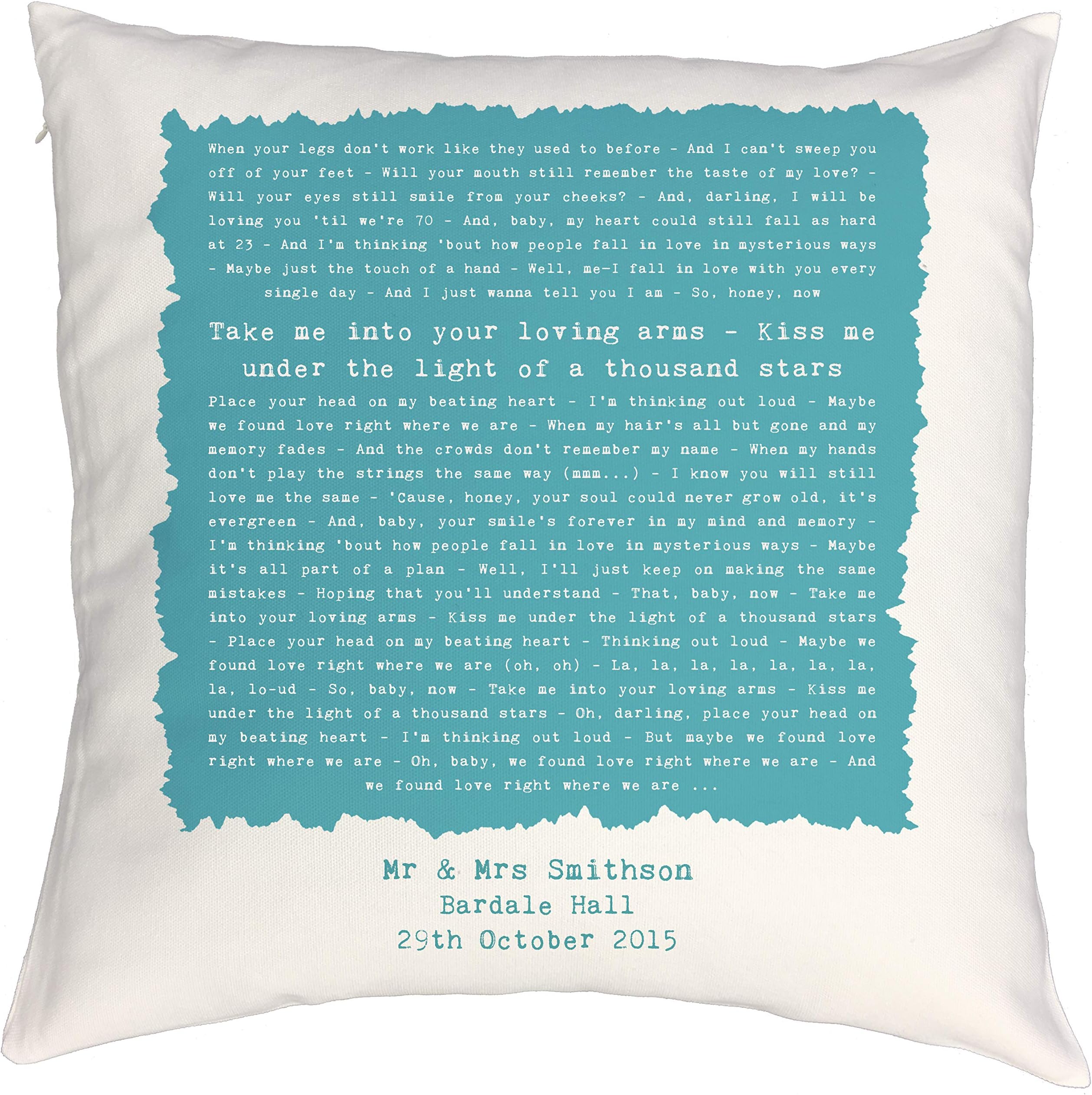 Not Just A Print Personalised Song Lyrics Pillow Cushion Case, Perfect Colourful 2nd ‘Cotton’ Anniversary, Wedding, Birthday or Valentines Gift - Ed Sheeran 'Thinking Out Loud'