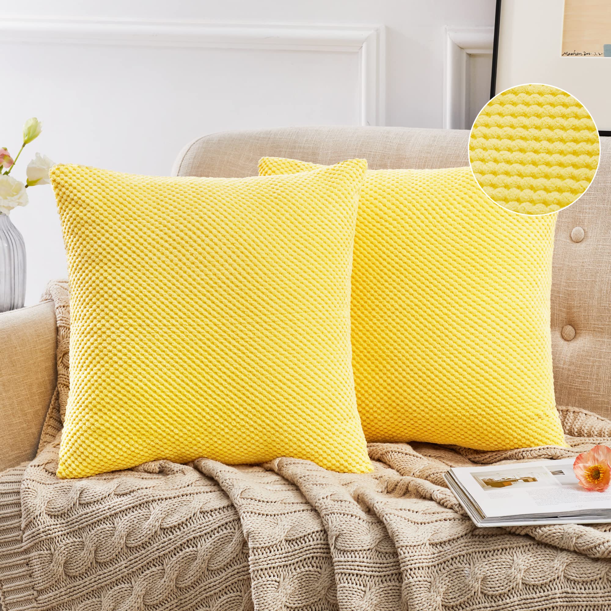 Deconovo Pack of 2 Yellow Cushion Covers 55x55cm 22x22 Inch, Corduroy Granule Decorative Throw Pillow Covers Square Pillowcase for Sofa Living Room Home