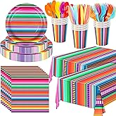 177 PCS Mexican Fiesta Party Supplies Fiesta Tableware Set Mexican Serape Paper Plates Napkins Cups Mexico Stripes Plastic Tablecloth for Cinco De Mayo Mexico Birthday Party