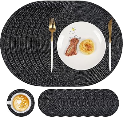 Famibay Round Placemats and Coasters Set 8 34cm 10cm Heat Resistant Black