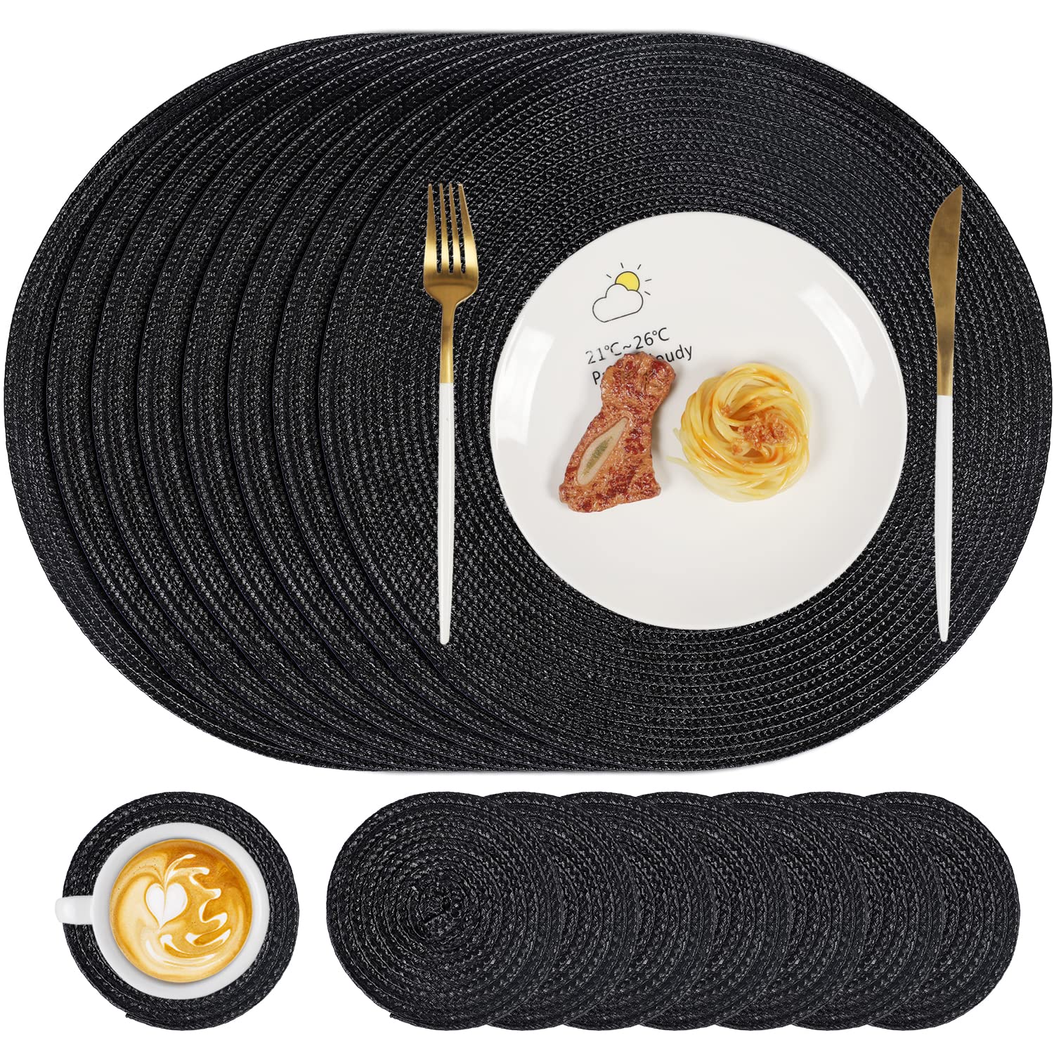Famibay Placemats and Coaster Sets 8 Round Woven Table Mats Heat Resistant Black Place Mats Washable for Kitchen Dining Table