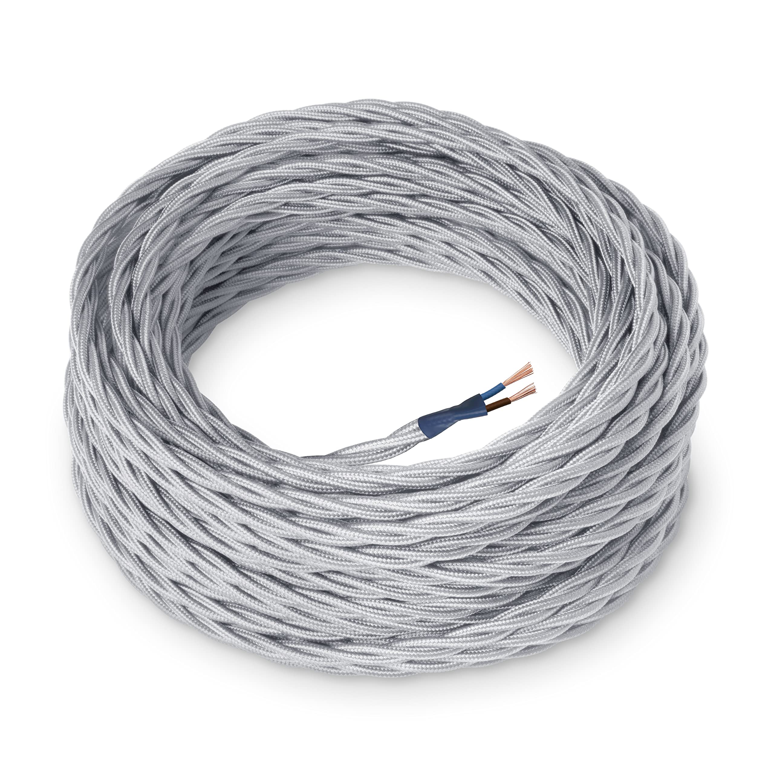 Amarcords - Textile Electrical Wire color SILVER braided silk 5 meters to 2 conductors 2x075 - Wire coated in colored vintage fabric for chandeliers and lamps applique lampshades.