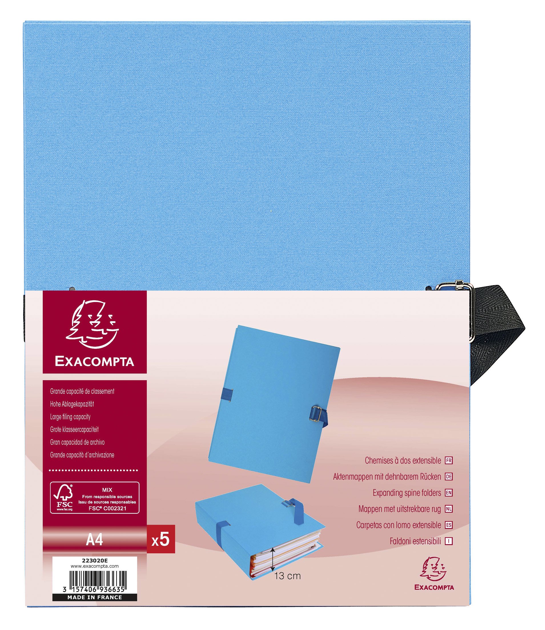 Exacompta - Ref 223020E - Expanding Folder - 240 x 320mm in Size, Suitable for Storing A4 Documents, Expands Up To 13cm , Coloured Canvas with Matching Strap - Light Blue (Pack of 5)