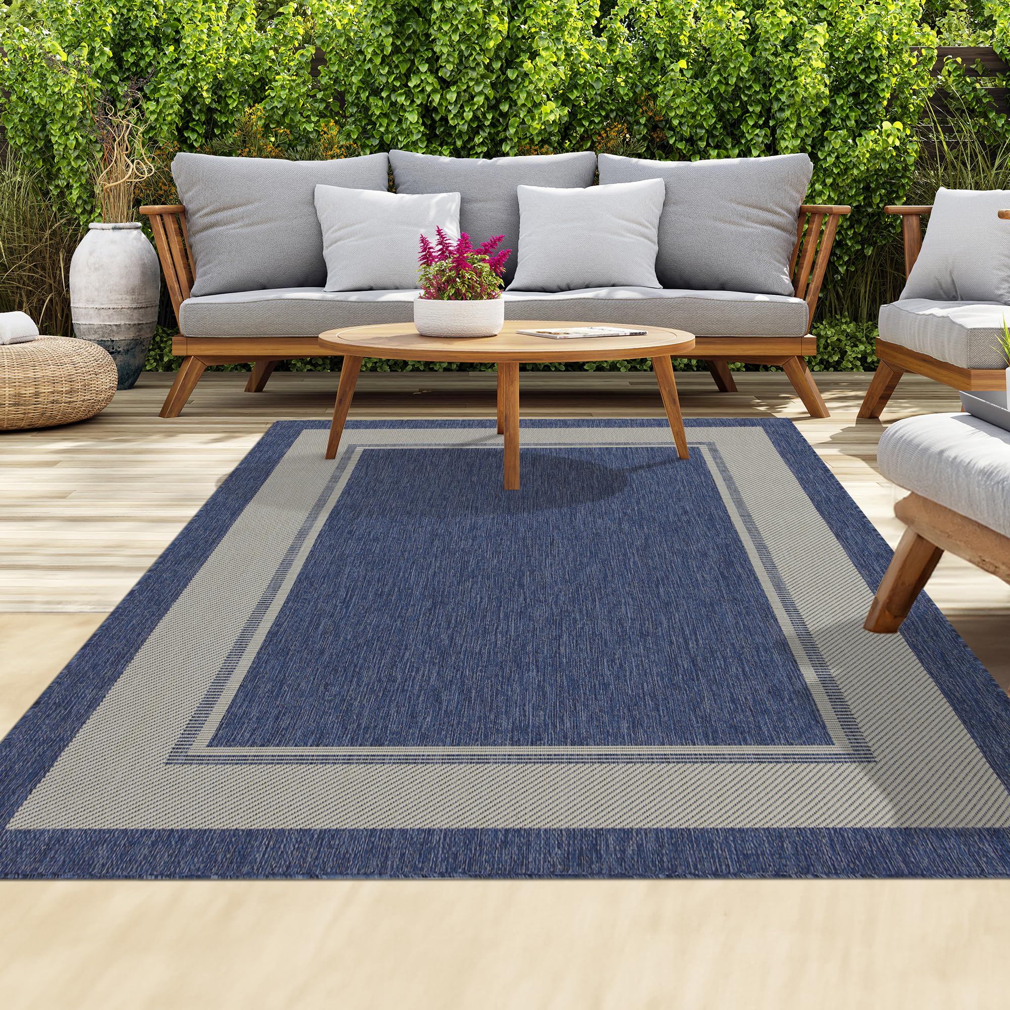 homeart Outdoor Rugs | Easy-Cleaning Indoor & Outdoor Area Rugs for Porch, Deck, Balcony, Garden, Picnic, Kitchen, Hallway | UV & Weather-Resistant Large Patio Rug Mats | D.Blue Cream, 80 x 150 cm