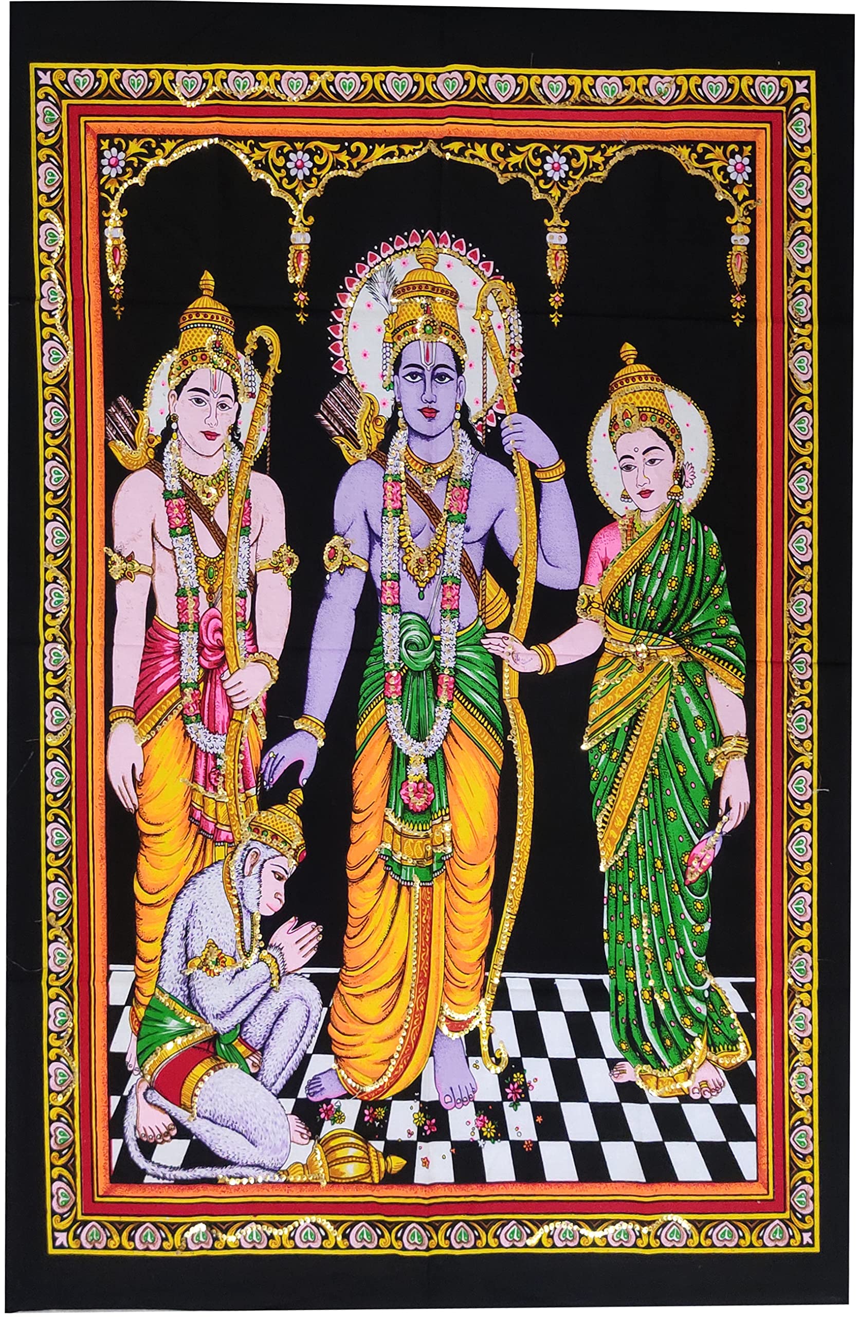 Purpledip Cotton Wall Poster Ram, Sita, Lakshman & Hanuman: Spiritual Hanging Unframed Sheet, Multicolor (20093)