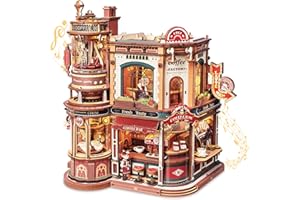 ROKR Moving Dream Coffee Factory DIY Miniature House Kit - 3D Wooden Puzzles for Adults with Music Box & LED Lights, No Glue Kinetic Model Building Kit, Unique Home Decor Gifts for Adults Women Men