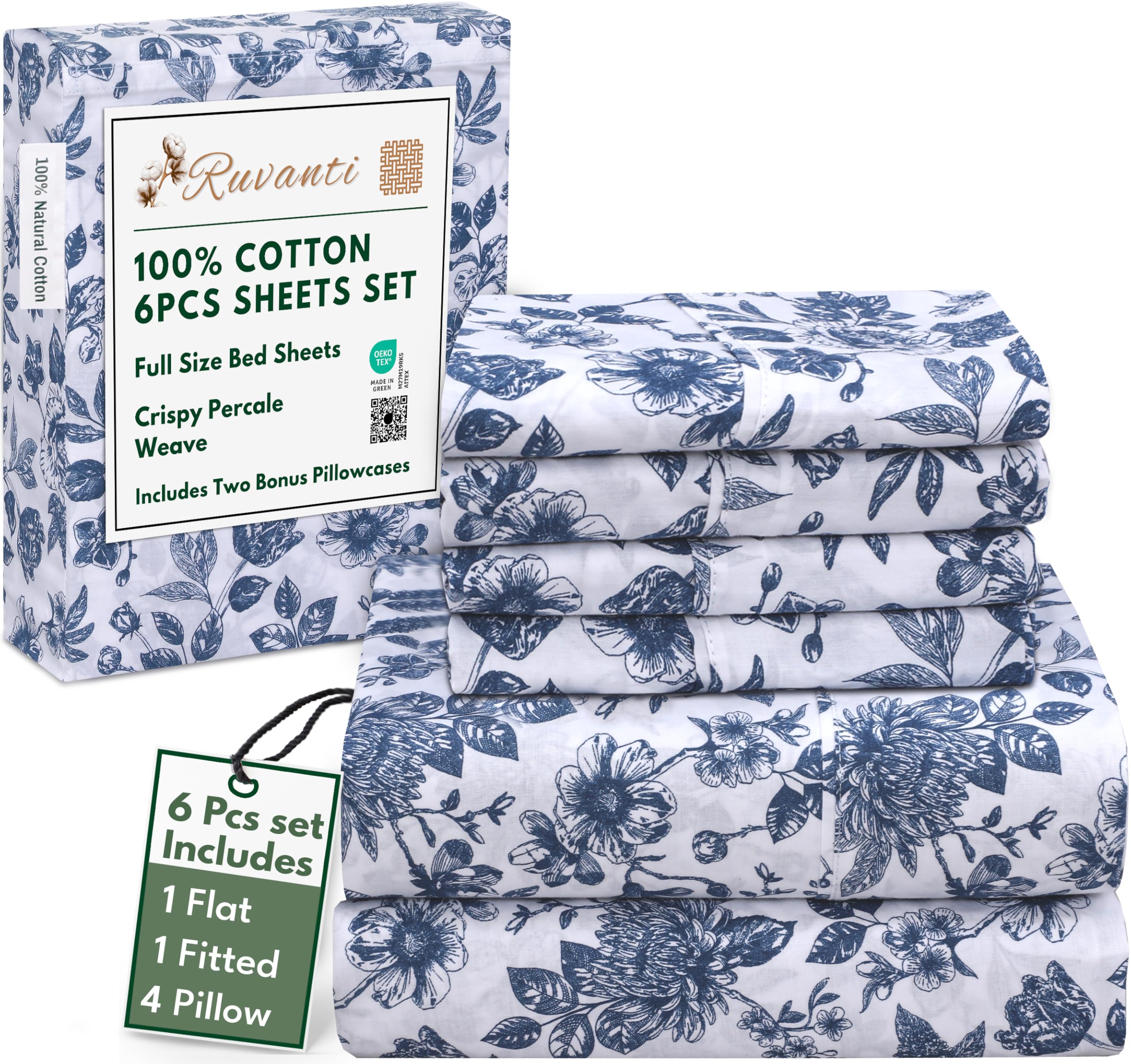 Photo 1 of RUVANTI 6 Pcs Cotton Sheets - 100% Natural Cotton Soft, Lightweight & Breathable Crispy Percale Sheets, Full Size Bed Sheets 16" Deep Pockets, Wild Flower