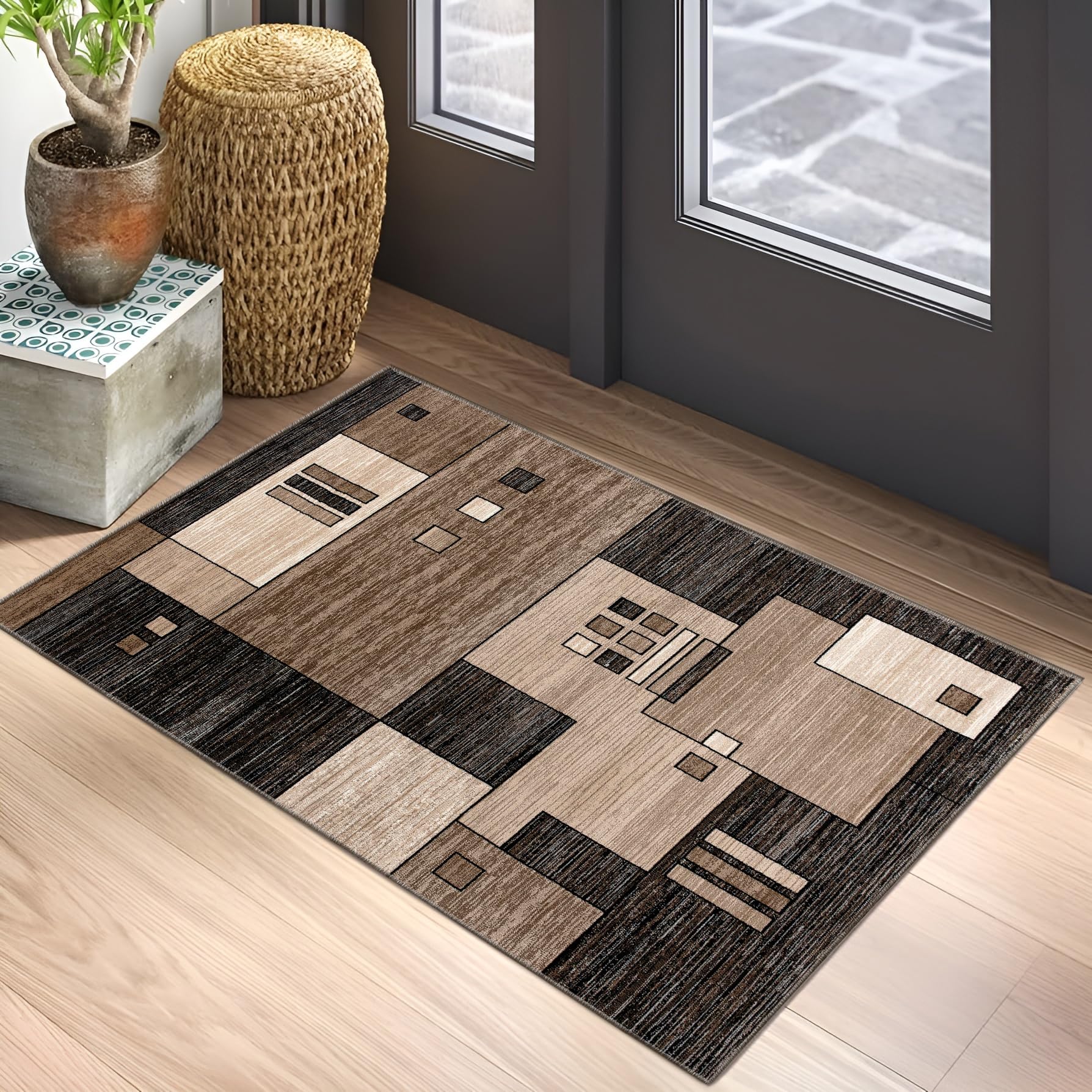 RUG BRANCH Montage 2' x 4' (2'3" X 4') Geometric Checkered Indoor Doormat Rug, Modern, Brown Beige - Living Room, Bedroom, Dining Room, and Kitchen Image