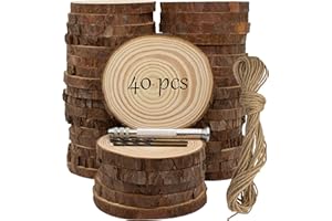 KXEXK Unfinished Natural Wooden Slices 40 Pcs 3.2-4 Inch Wood Circles for Crafts DIY Christmas Ornament Craft Wood Kit with Bit,Blank Round Wood Slice with Bark for Art,Painting,Party (40)