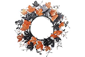 YNYLCHMX 18" Halloween Wreath for Front Door, Halloween Door Wreaths, Fall Autumn Farmhouse Wreath with Golden and Black Maple Leaves for Home Winsow Decorations Indoor Outdoor Party Decor