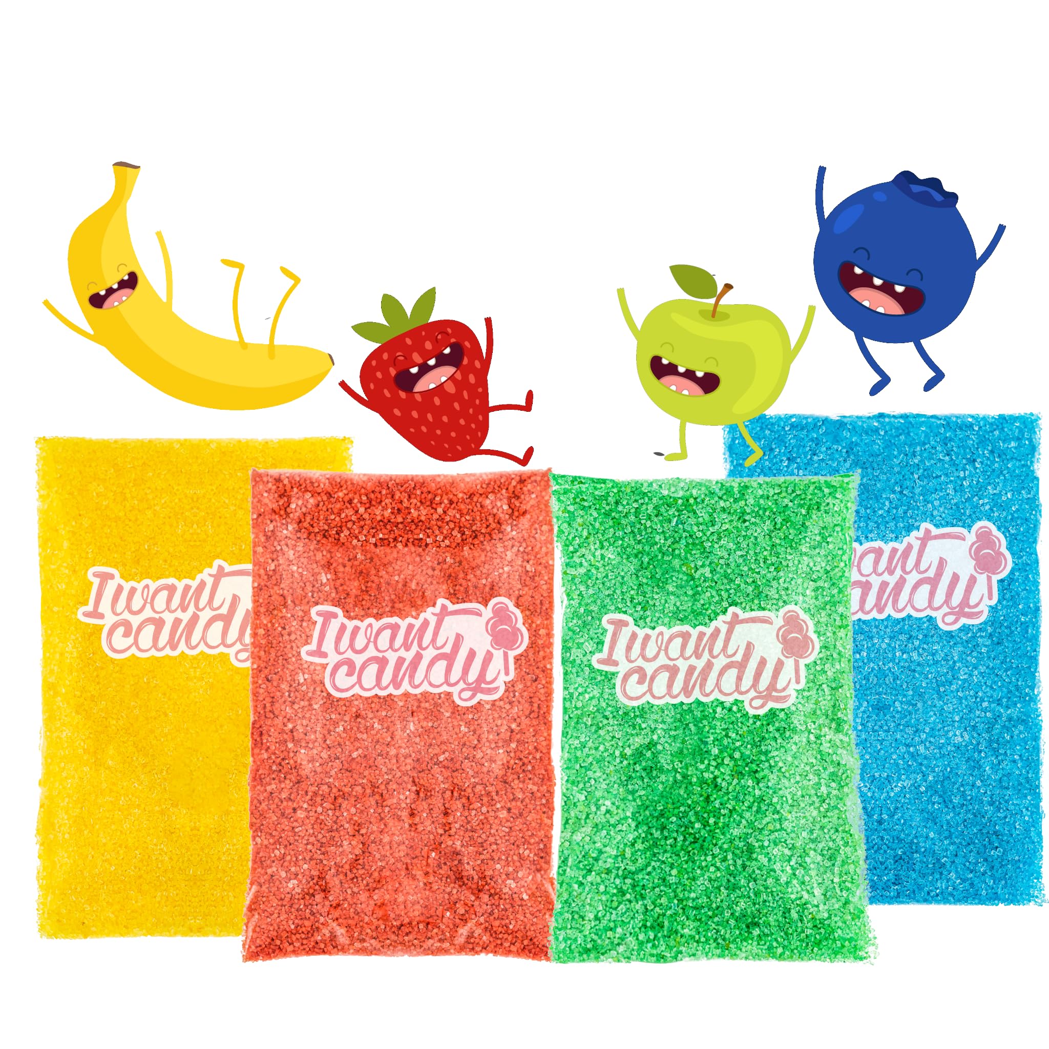 I WANT CANDY - Cotton Candy Premium Candy Floss Sugar - Colorful with Great Taste | 4x200g - Banana - Strawberry - Apple - Blueberry | Perfect for All Types of Machines | 800 Grams Total