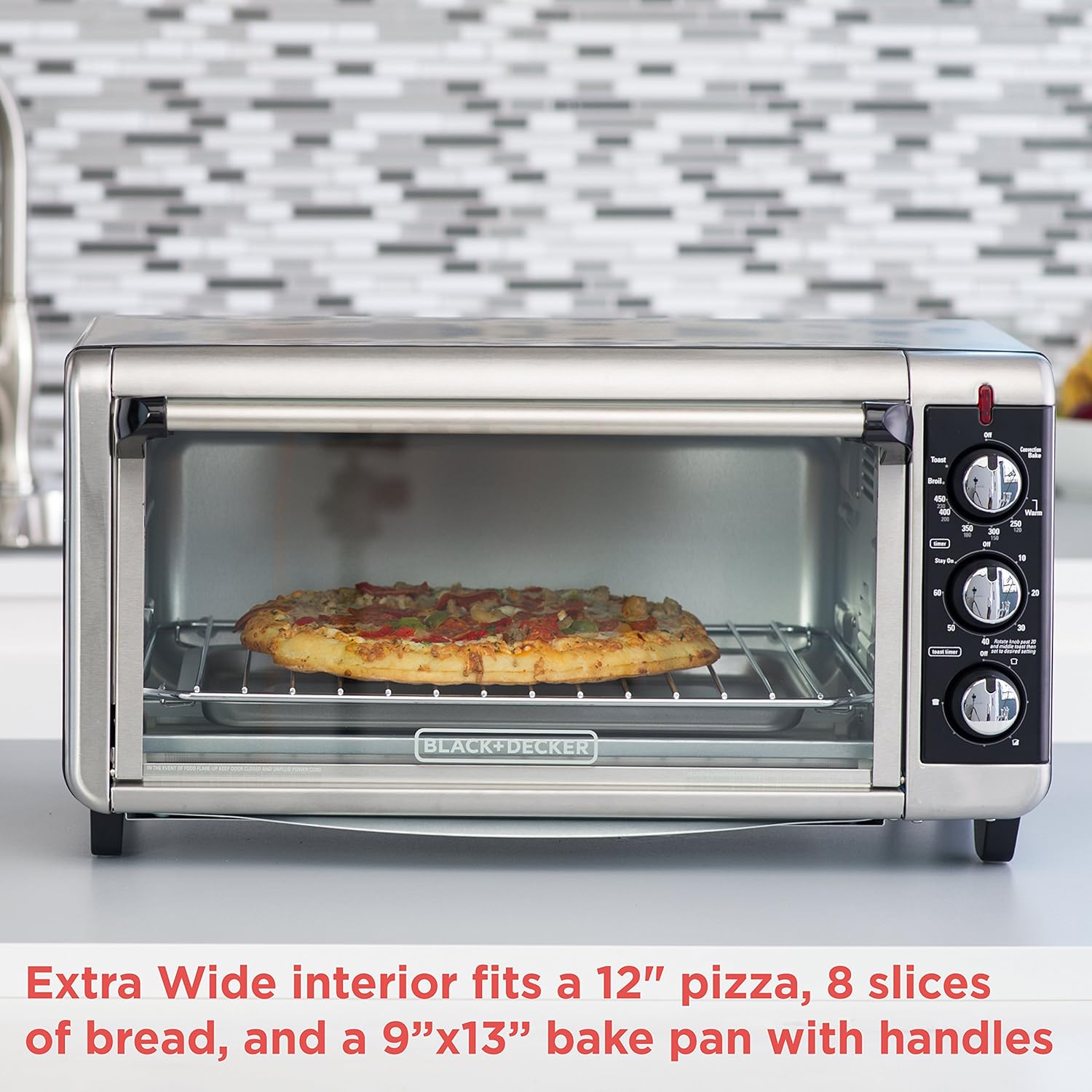 BLACK+DECKER TO3250XSB 8-Slice Extra Wide Convection Countertop Toaster Oven, Includes Bake Pan, Broil Rack & Toasting Rack, Stainless Steel/Black: Kitchen & Dining