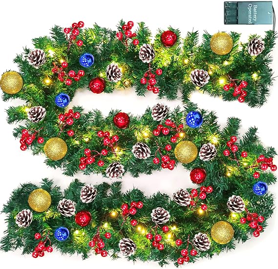 TURNMEON 9 FT Christmas Garland Decor with Lights Glitter Ball Ornaments, Battery