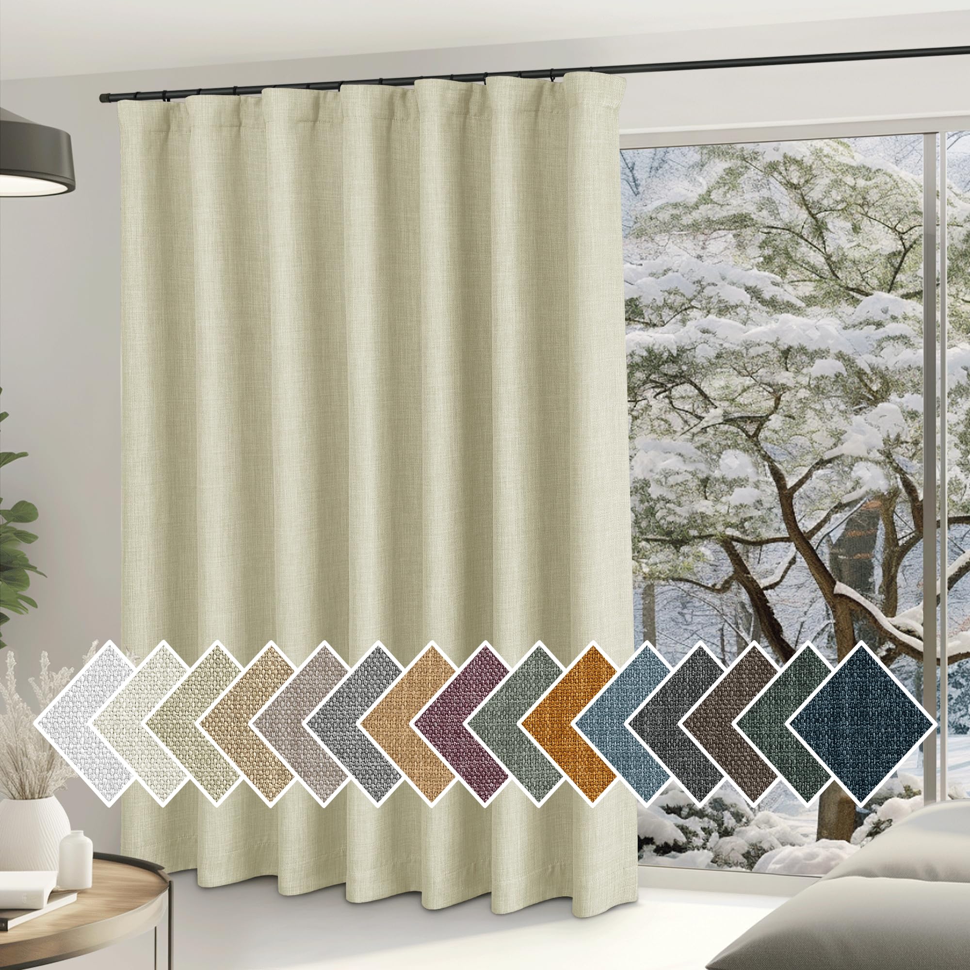 NICETOWN Room Darkening Beige Sliding Door Curtains 84 inches Long, Faux Linen Hook Belt/Rod Pocket/Back Tab Light Blocking Noise Canceling Thermal Drapes for Living Room, W100 x L84, 1 Panel Image