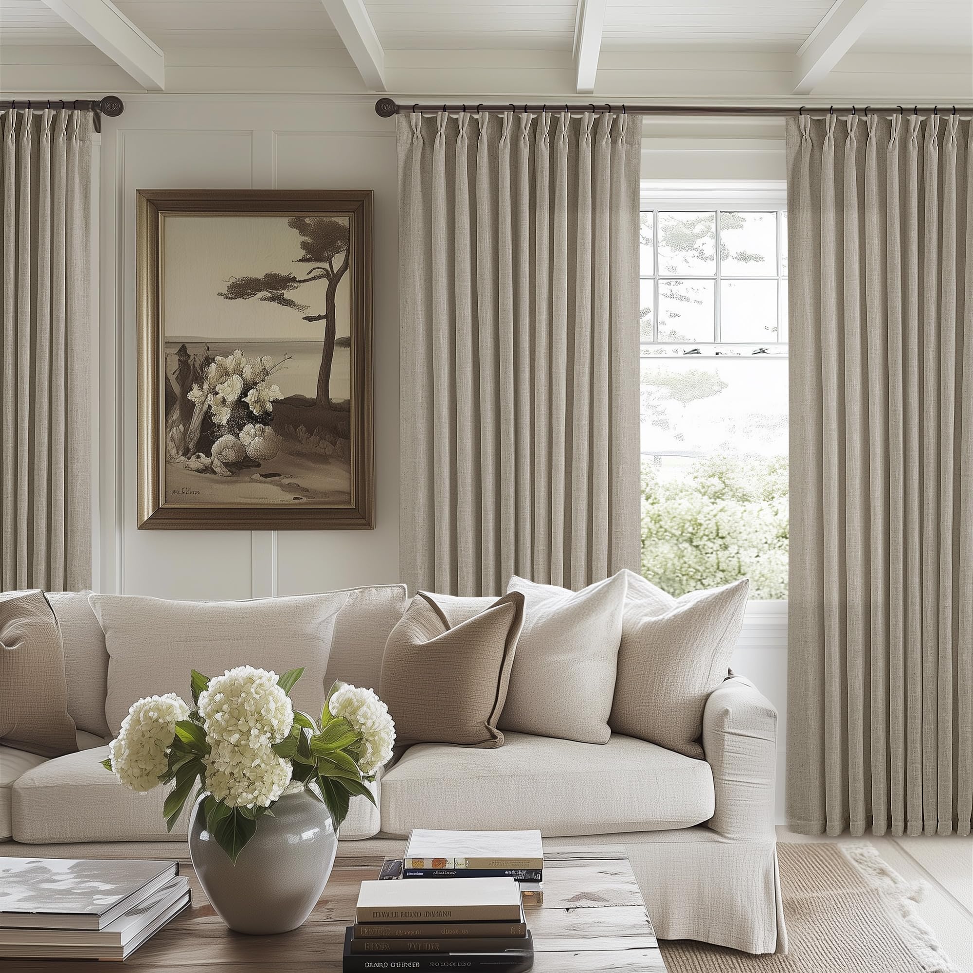 View 1 of **MEASUREMENTS MAY BE INCORRECT** Taupe Burlywood Pinch Pleat Linen Curtains 102 Inches Long 70 Inch Wide for Patio Sliding Door Light Filtering Semi Sheer Pleated Drapes Back Tab Extra Wide 70 x 102 Curtain for Living Dining Room
