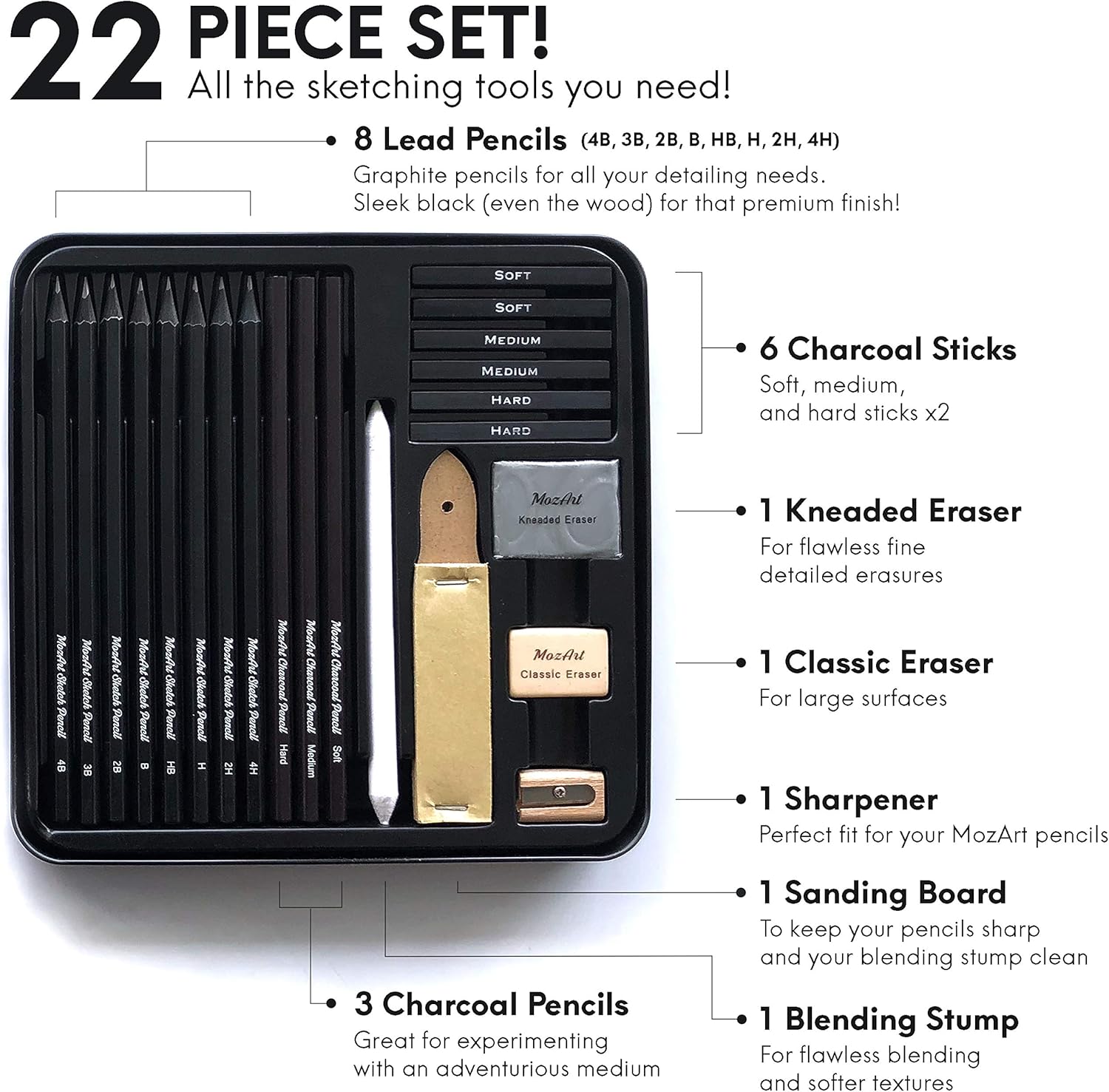 Artists’ Sketch Set – 22 Piece Essential Set – Huge Selection of Premium Sketch Art Supplies – Portable and Travel Friendly to Start Drawing at School Studio Home - MozArt Supplies