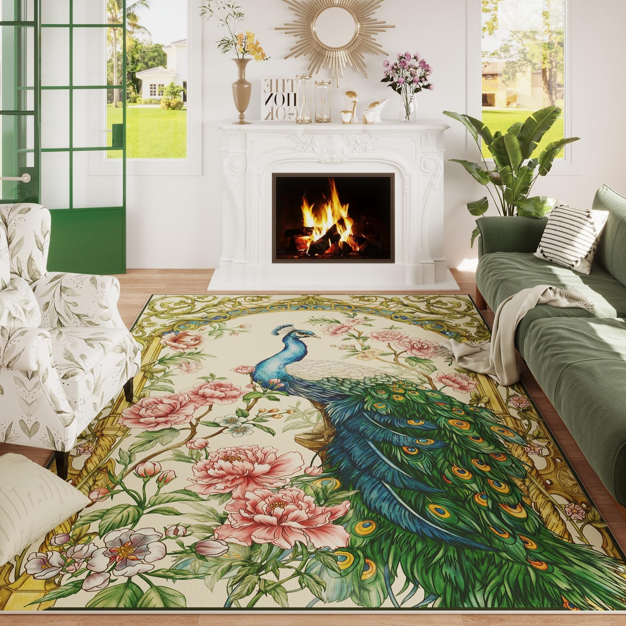 Photo 1 of Vowkten Living Room Rug 5x7 Rug Machine Washable Floral Peacock Area Rug Non Slip Floral Animal Vintage Low Pile Large Rugs for Living Room, Bedroom, Farmhouse, Dining Room, Kids Playroom (Beige)
