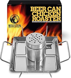 Mountain Grillers Brathähnchen-Bräter aus Edelstahl - Bierdose für Hähnchengrill - Grillzubehör für Barbecue - BBQ Accessoire mit 4 Gemüsespießen