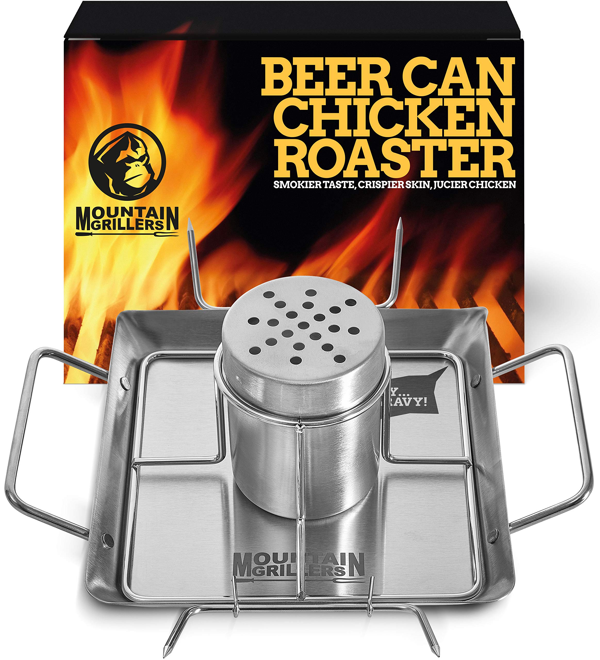 MOUNTAIN GRILLERS Beer Can Chicken Roaster Stand - Stainless Steel Holder - Barbecue Rotisserie Rack for the Grill, Oven or Smoker - Dishwasher Safe - Includes 4 Vegetable Spikes