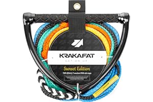 KRAKAFAT 75ft Water Ski Rope, Wakeboard Rope - 7 Sections with 13" EVA Diamond Grip Floating Handle - 1-2 Rider Tube Tow Rope for Tubing - Boat Tow Rope for Kneeboard