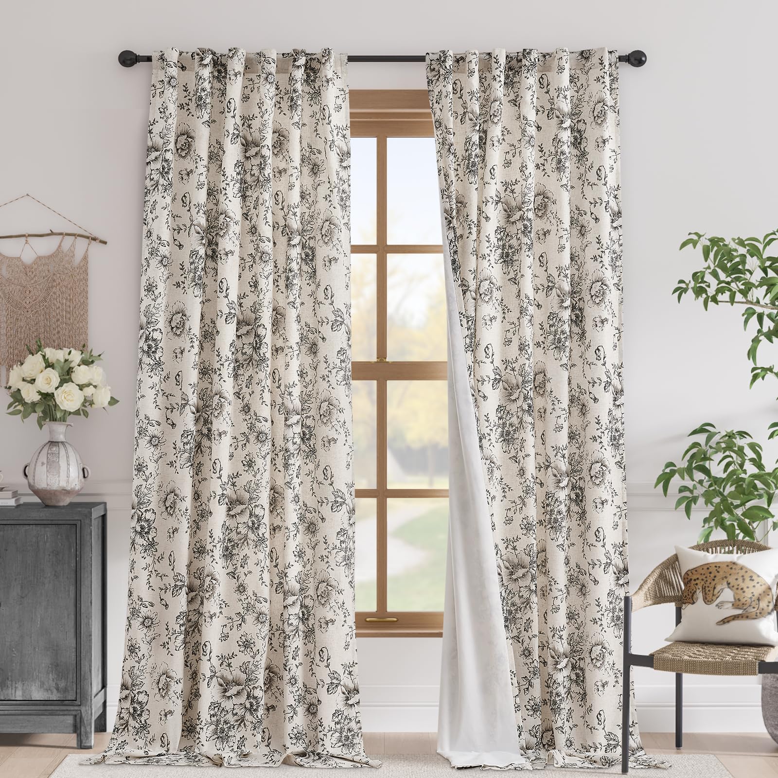 Photo 1 of jinchan Blackout Linen Blend Curtain Floral Blackout Curtains for Living Room 120 Inch Length Black Printed with Lined Blackout Curtain for Bedroom Farmhouse Curtains Set 2 Panels
