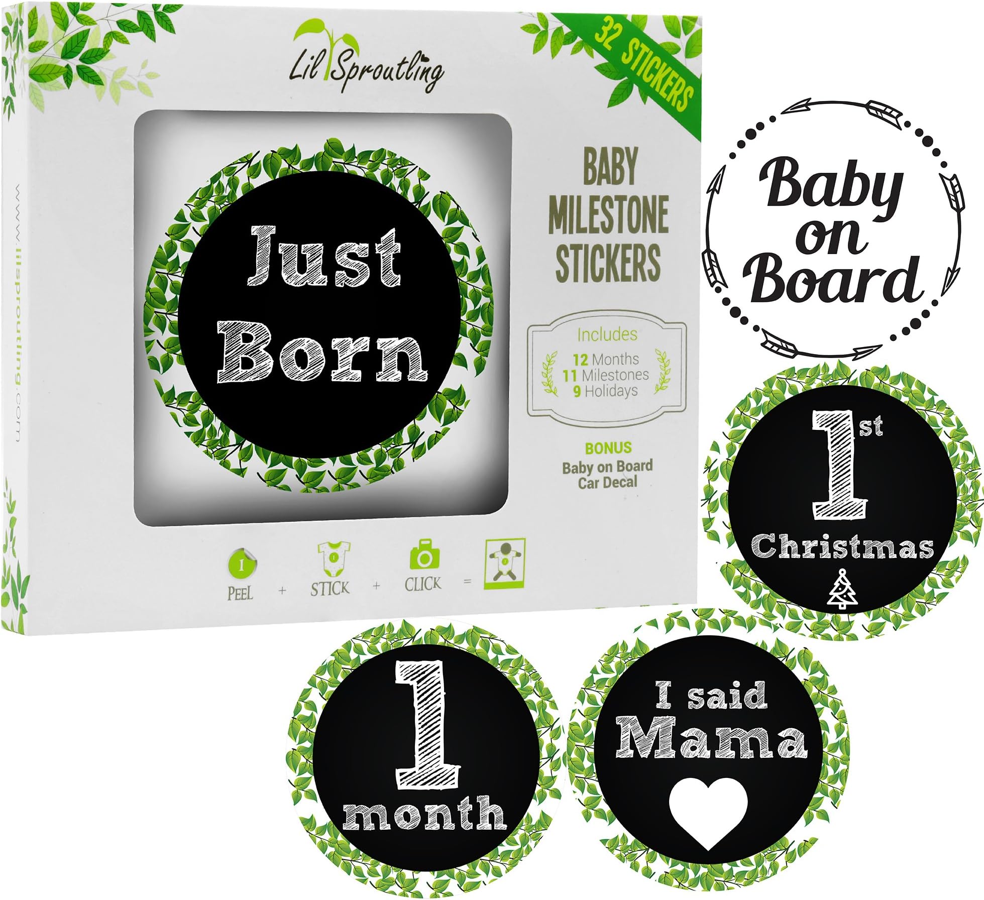 Lil Sproutling Baby Monthly Milestone Stickers โ Set of 32 Premium Chalkboard & Floral Stickers for Newborn First Year โ Perfect Baby Shower Gift or Scrapbook Photo Memory Keepsake